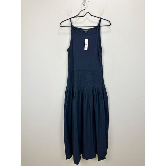 J.Crew Pintuck Mixy Dress Stretch Cotton Midi A line Minimalist Navy Small NWT - Picture 5 of 13